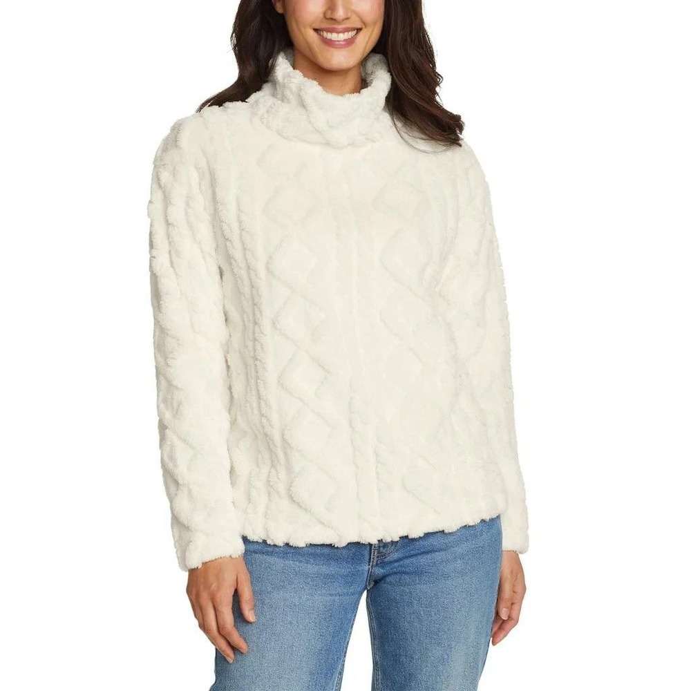 NWT Eddie Bauer Women's L Cable Fleece Pullover Ivory Polyester Sweater